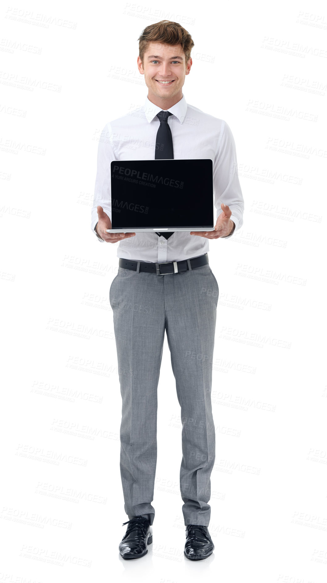 Buy stock photo Portrait, smile and laptop with business man in studio isolated on white background for information. Computer, technology and display with happy young IT professional for maintenance or repair