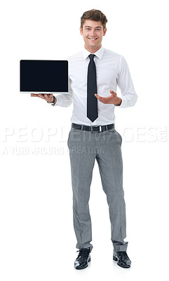 Buy stock photo A businessman holding a laptop - copyspace