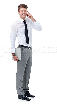 Buy stock photo Businessman, laptop and phone call in studio in portrait, cellphone and communication technology for networking. Lawyer, happy and face for discussion on smartphone and connection by white background