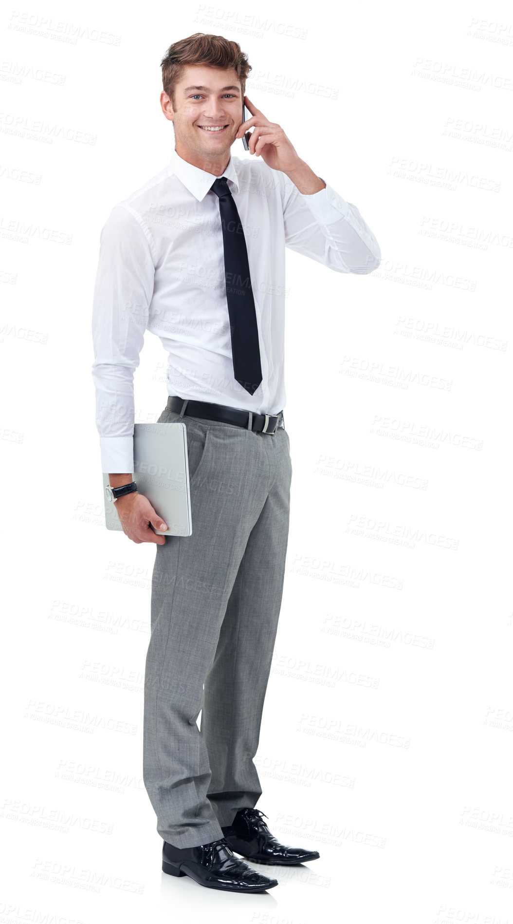 Buy stock photo Businessman, laptop and phone call in studio in portrait, cellphone and communication technology for networking. Lawyer, happy and face for discussion on smartphone and connection by white background