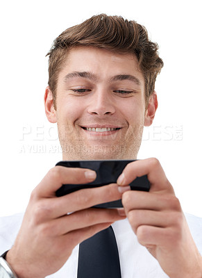 Buy stock photo Employee, playing and video games with phone in studio of white background of backdrop in office. Man, happy and using mobile for fun in workplace or corporate company, internet and technology