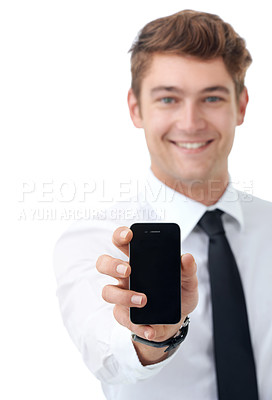 Buy stock photo Businessman, portrait and presentation of phone in studio with smile in backdrop of white background. Man, excited and showing app for company with mobile screen for technology in professional work