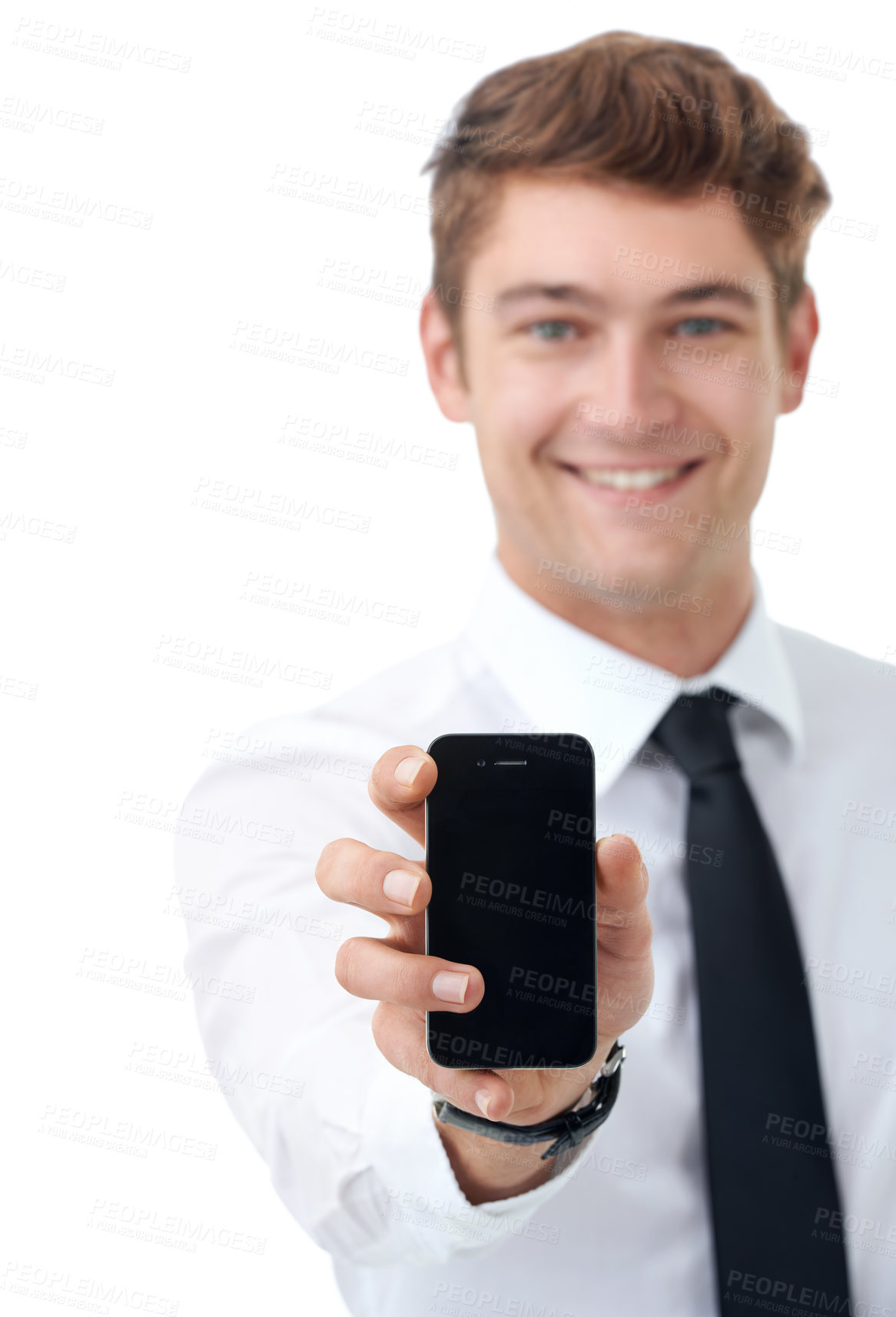 Buy stock photo Businessman, portrait and presentation of phone in studio with smile in backdrop of white background. Man, excited and showing app for company with mobile screen for technology in professional work