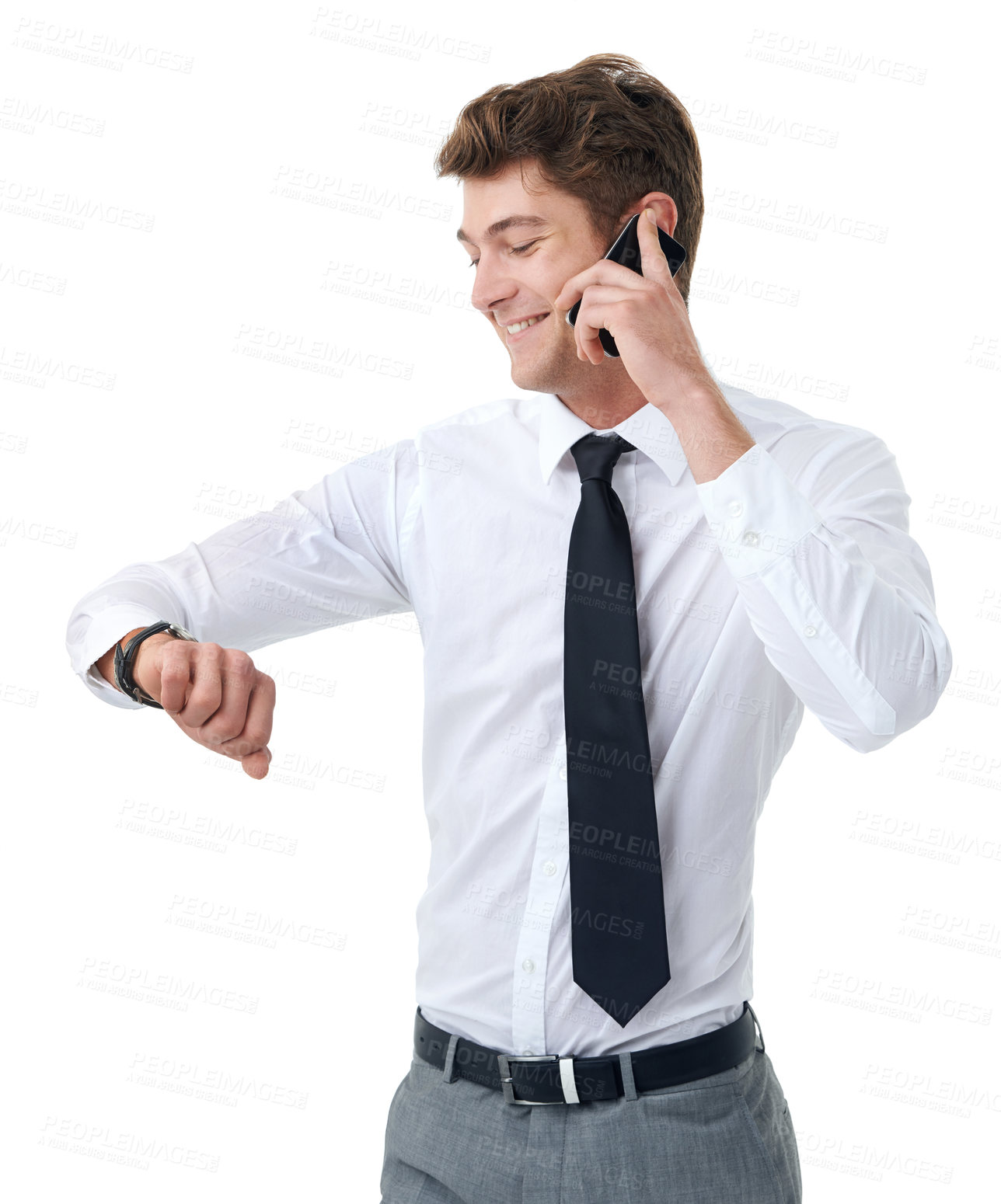 Buy stock photo Phone call, time and smile with business man in studio isolated on white background for appointment. Mobile, contact and happy young employee checking watch for communication or networking schedule