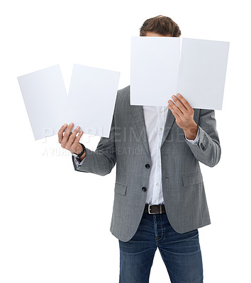 Buy stock photo Businessman, face and poster or mockup in studio as entrepreneur or announcement, billboard or placard. Person, paper banner and white background or empty cardboard or advertising, news or review