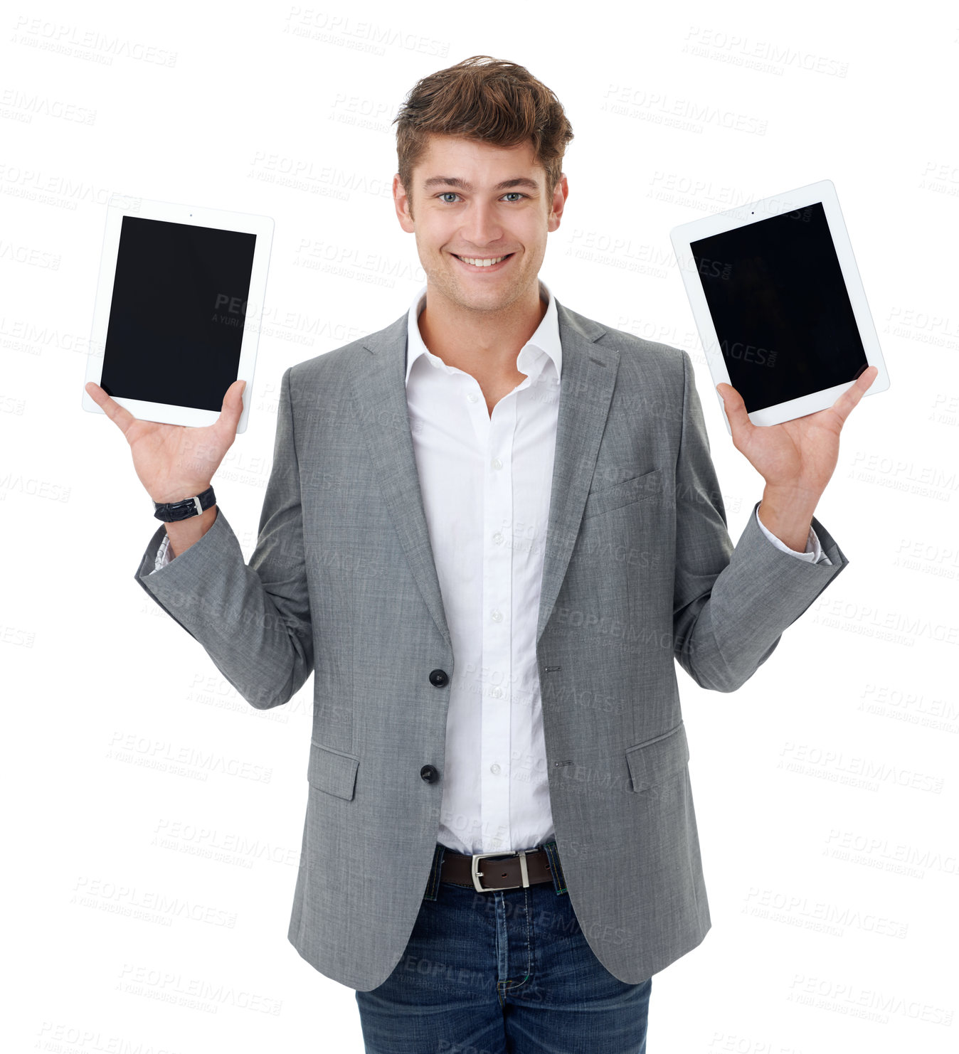 Buy stock photo Portrait, smile and tablet with business man in studio isolated on white background for tech options. Choice, decision and compare with happy young employee showing screen or display for website 