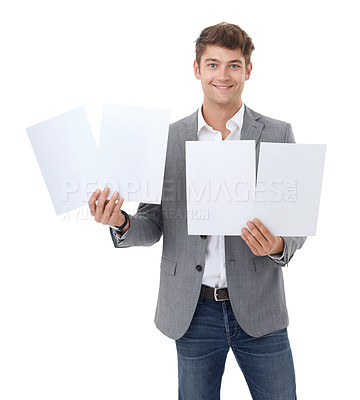 Buy stock photo Businessman, portrait and smile with poster mockup in studio for announcement, billboard or placard. Person, paper and banner on white background or cardboard space or advertising, news or review