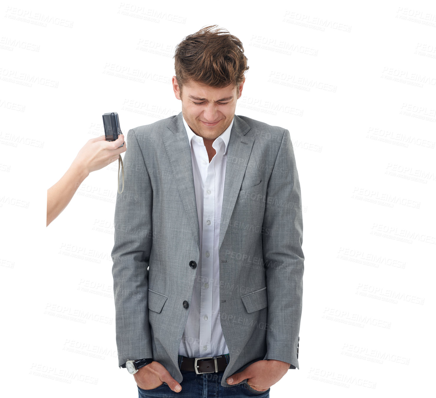 Buy stock photo Businessman, camera or shy in studio for stress, anxiety or mockup for photography by white background. Entrepreneur, scared or hand of photographer, privacy and   fear of paparazzi with panic attack