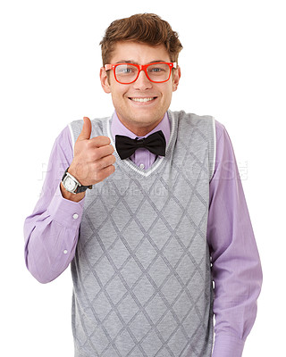 Buy stock photo Portrait, thumbs up and glasses with nerd man in studio isolated on white background for agreement. Smile, yes or like with happy and confident young geek in eyewear for success, support or thank you