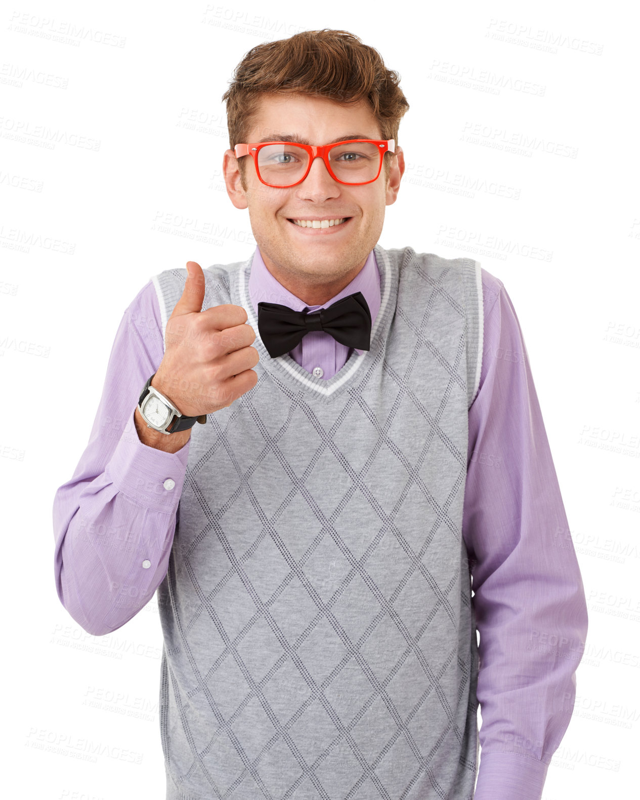 Buy stock photo Portrait, thumbs up and glasses with nerd man in studio isolated on white background for agreement. Smile, yes or like with happy and confident young geek in eyewear for success, support or thank you