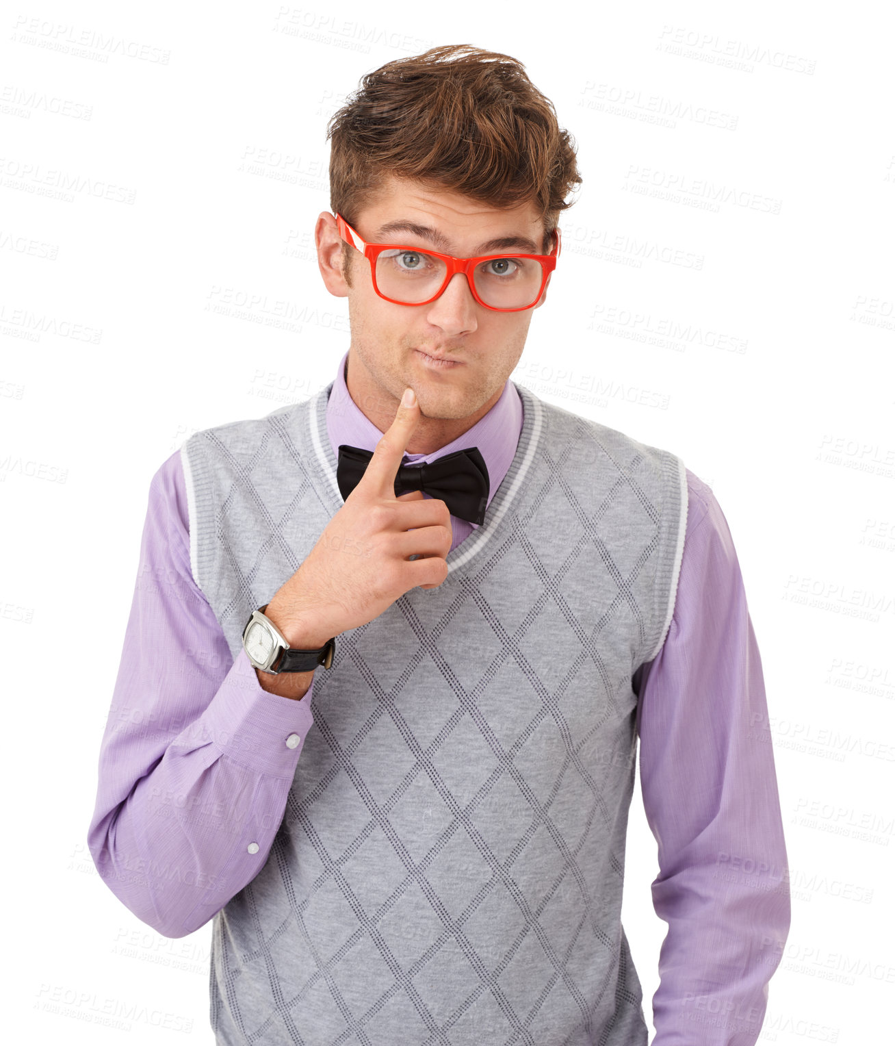 Buy stock photo Studio, geek and retro portrait of man with doubt, glasses and thinking with vision. Eyewear, nerd fashion and person isolated on white background with ideas, decision or choice for eye care frame