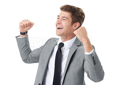 Buy stock photo Businessman, fist pump and winner in studio with celebration or deal and growth in company shares. Happy guy, professional lawyer or yes for job achievement, promotion or success by white background