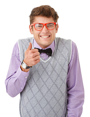 Buy stock photo Studio portrait of a nerdy young man giving the thumbs up to the camera