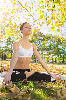 Buy stock photo Park, meditation or woman with lotus hands for peace, balance and mental health wellness in nature. Relax, spirituality or lady person with holistic breathing exercise for zen, healing or mindfulness