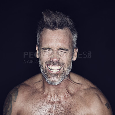 Buy stock photo Mature man, muscle and shout in studio with flex, power and happy for fitness, health and dark background. Healthy senior bodybuilder, strong model and eyes closed with body, self care and tattoo