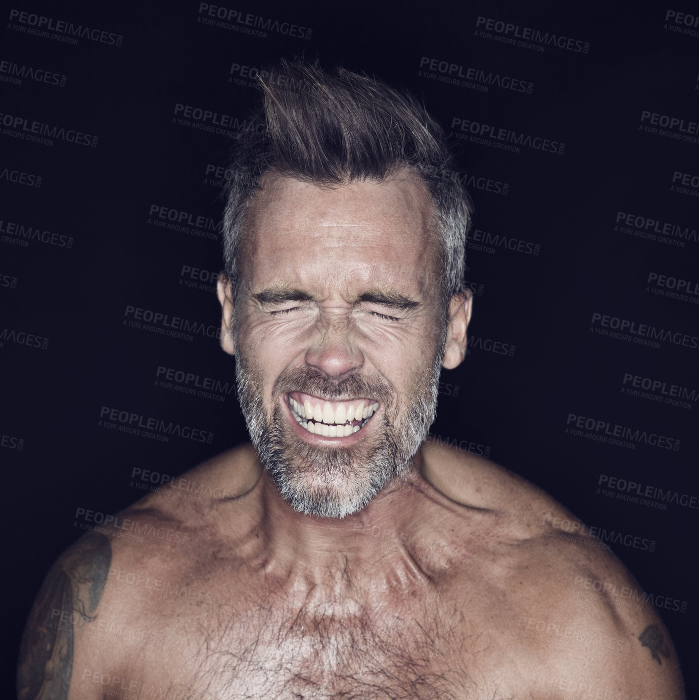 Buy stock photo Mature man, muscle and shout in studio with flex, power and happy for fitness, health and dark background. Healthy senior bodybuilder, strong model and eyes closed with body, self care and tattoo