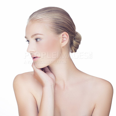 Buy stock photo Studio, natural or profile of woman with skincare, confidence or beauty isolated on white background. Face, person thinking or blonde girl model with facial dermatology, glowing shine or self love