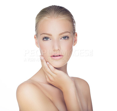 Buy stock photo Portrait, cosmetics and woman with skincare, aesthetic and model isolated on a white studio background. Face, female person or girl with dermatology, grooming routine or self care with natural beauty