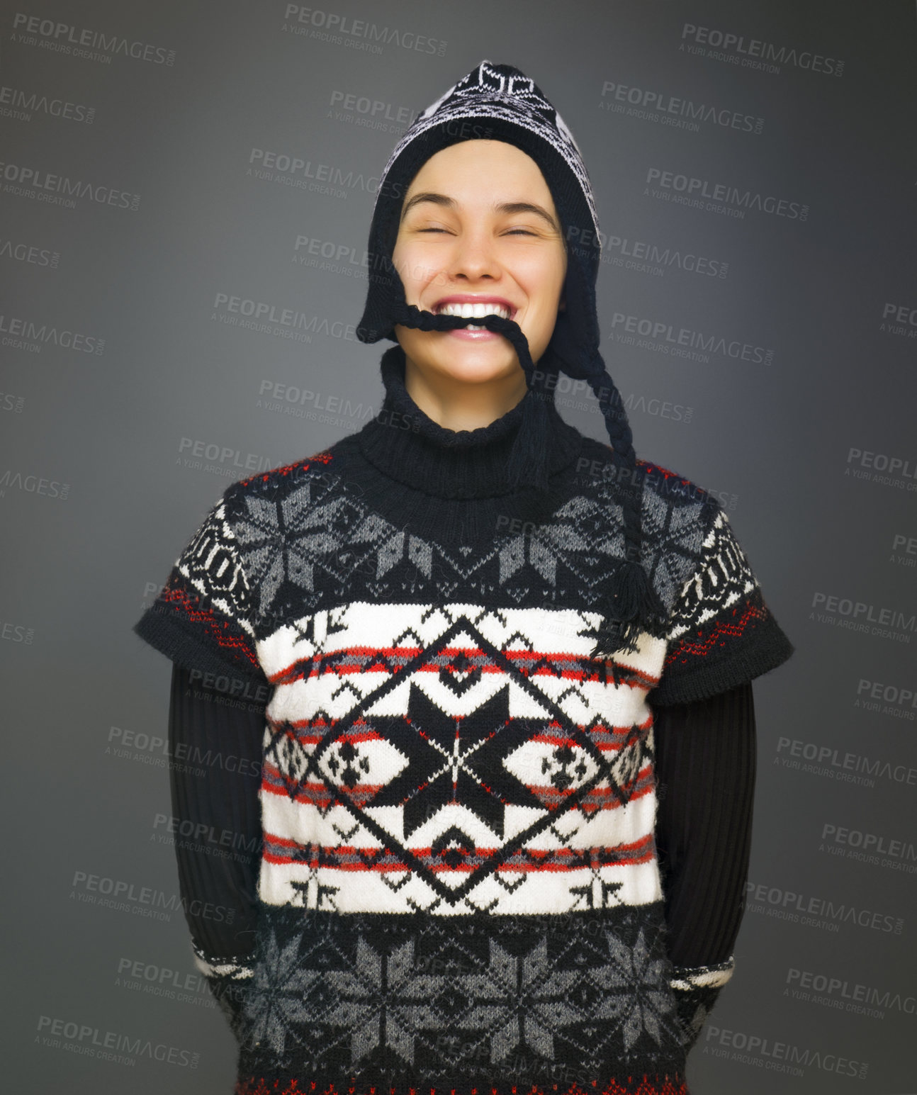 Buy stock photo Happy, fashion and portrait of woman in studio with smile for winter style, trendy clothes and outfit. Attractive, isolated and person in hat with confidence, pride and joy on gray background