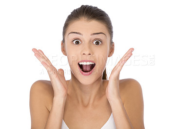 Buy stock photo Portrait, surprise and woman excited, wow and happiness isolated against a white studio background. Face, female person and model shocked, announcement and omg with celebration, emoji and success