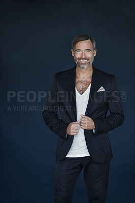 Buy stock photo Portrait, fashion and senior man in suit in studio isolated on a black background mockup space Smile, mature and happy male person from Australia in formal clothes, outfit style and trendy jacket.