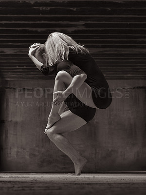 Buy stock photo Contemporary dance, couple and creative performance with art, balance and dancer outdoor on concrete. People, artist or skill with story, freedom or expression in studio with routine, embrace or form