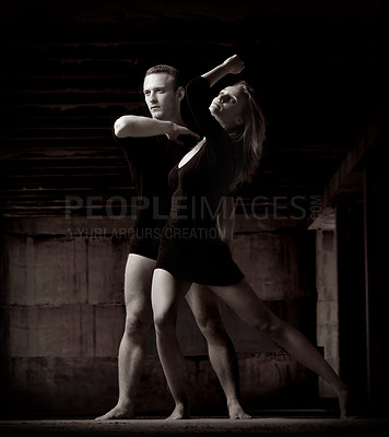 Buy stock photo Ballet, dance and couple in monochrome or performance practice for choreography, artist for creative expression. Man, woman and contemporary moving or abstract for together form, training for concert