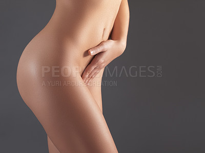 Buy stock photo Naked, woman and cosmetics for body, dermatology and natural beauty on grey studio background. Female with nudity, lady and nude with confidence, wellness and stomach with smooth and clear skin 