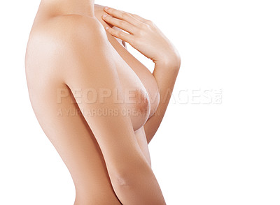 Buy stock photo Breast, nude and woman boobs of a naked model with isolated white background for erotic art. Sexy woman, female and skin of a body showing nipple, breast and chest in a studio alone for skin care