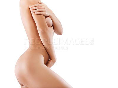 Buy stock photo Body, nude and woman with skin and beauty mockup with fitness, cellulite and sensuality isolated on white background. Sexy, motivation and naked with body care, anatomy and butt, boobs with skincare