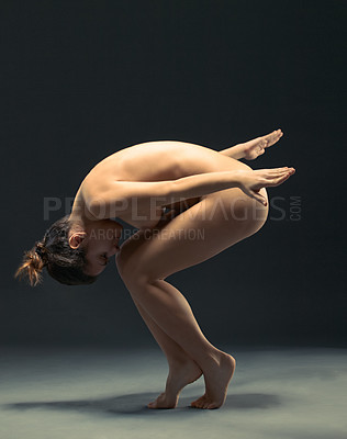 Buy stock photo Body, nude and ballet with a model woman in studio on a dark background for dance or performance arts. Creative, skin and beauty with a female ballerina posing naked on black for artistic freedom