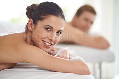 Buy stock photo Happy, couple and portrait on table in spa to relax with luxury treatment for wellness on holiday or vacation. Beauty, care and people together in hotel or resort for healthy facial or skincare