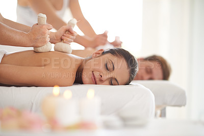 Buy stock photo Massage, herbs and couple relax in spa with treatment on body for wellness on holiday or vacation in Thailand. Beauty, care and people together in hotel or resort for healthy Valuka Sweda bag on back