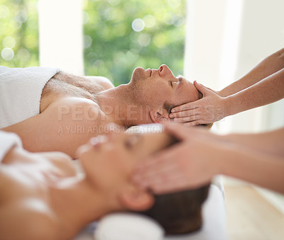 Buy stock photo Head, massage and couple in spa to relax with luxury treatment for wellness on holiday or vacation. Beauty, care and calm people together in hotel, salon or resort for healthy facial or skincare