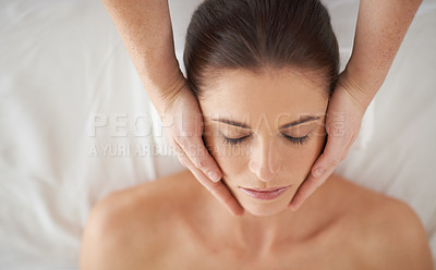 Buy stock photo Hands, top view and massage face of woman at spa to relax, peace and calm at luxury resort with masseuse. Above, therapy and person at salon for facial treatment, skincare and beauty for wellness