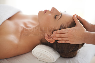Buy stock photo Hands, head massage and woman at salon to relax, wellness and calm at luxury resort for therapy with masseuse for health. Closeup, face and person at spa for facial treatment, skincare and beauty
