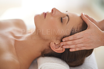 Buy stock photo Hands, head massage and woman at spa to relax, wellness and calm at luxury resort for therapy with masseuse for health. Closeup, face and person at salon for facial treatment, skincare and beauty