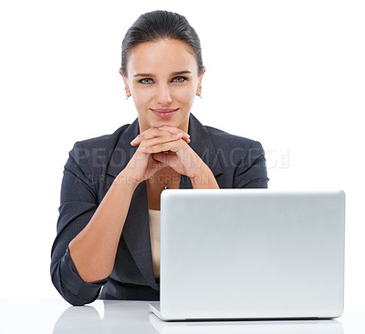 Buy stock photo Studio portrait of a young businesswoman and her laptop isolated on white