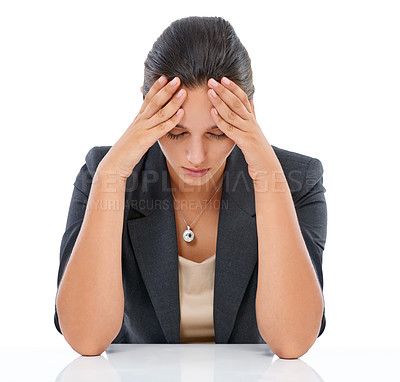 Buy stock photo Studio shot of a stressed out businesswoman isolated on white