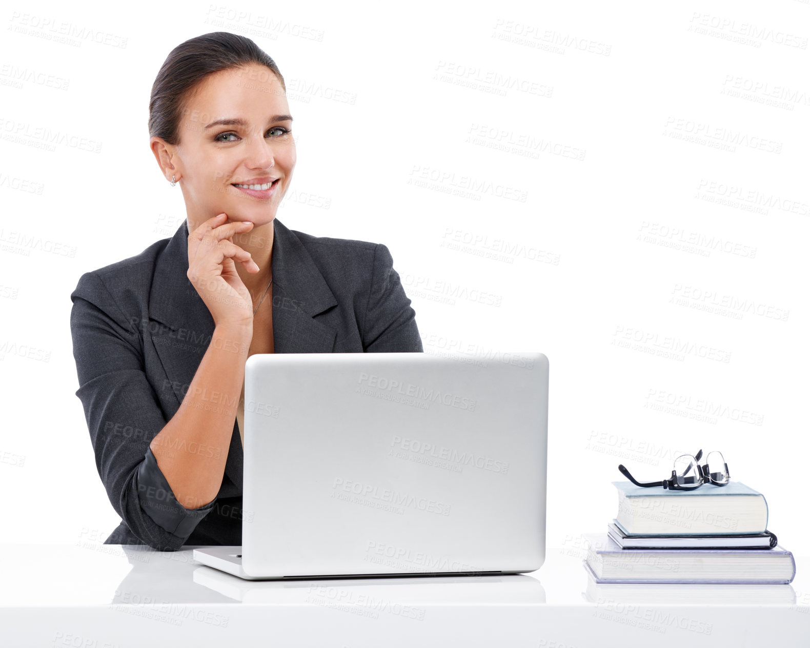 Buy stock photo Studio portrait of a young businesswoman and her laptop isolated on white