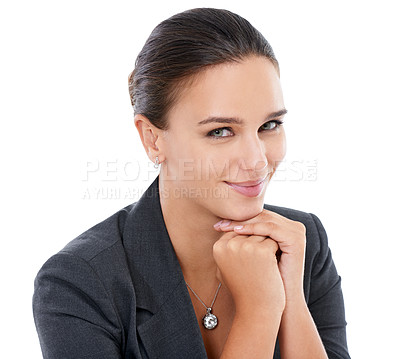 Buy stock photo Studio portrait young businesswoman sitting with her hands on her chin