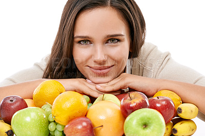 Buy stock photo Woman, fruit and happy portrait for nutrition, breakfast health and diet wellness motivation in white background. Model smile, face and healthy organic fruits, food isolated on table and nutritionist