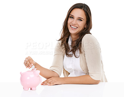 Buy stock photo Money bank, savings and portrait of woman happy about saving, banking and investment for future. Female with a smile isolated on a white background for budget, security and coins in pig container