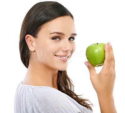 Buy stock photo Apple, health and portrait of a woman with fruit for diet isolated on a white background in studio. Food, nutrition and happy model with fruits for vegan lifestyle, eating healthy and vitamin