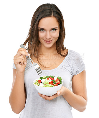 Buy stock photo Health girl and portrait with wellness salad for diet nutrition with cheerful and happy smile. Beautiful dieting model excited for healthy food lifestyle on isolated white background.

