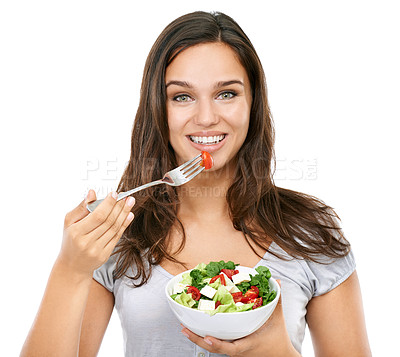 Buy stock photo Happy, woman and portrait with health salad for wellness nutrition and diet with cheerful smile. Beautiful dieting model excited for healthy food lifestyle on isolated white background.

