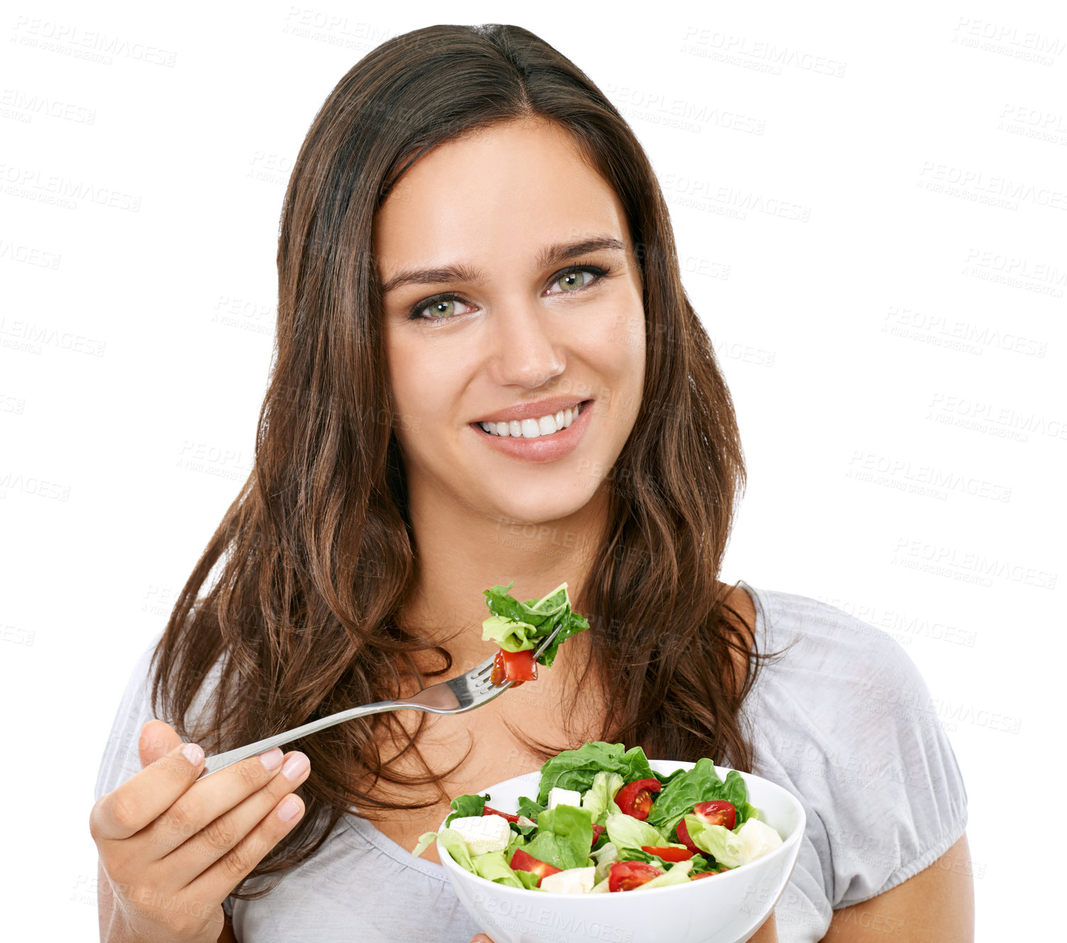 Buy stock photo Health, nutrition and salad portrait of woman for wellness diet with cheerful and happy smile. Beautiful dieting model excited for healthy food lifestyle on isolated white background.

