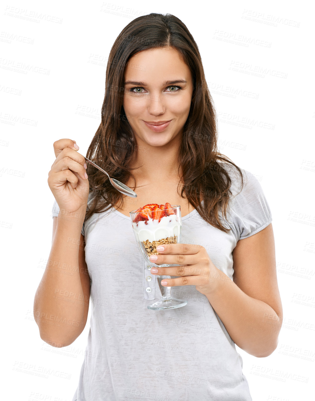 Buy stock photo Portrait, diet and nutrition with a woman in studio isolated on a white background while eating muesli for weightloss. Breakfast, health and food with a beautiful young female enjoying a snack