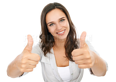 Buy stock photo Woman, happy portrait and thumbs up of a beautiful model isolated with white background. Yes, thank you and success hands sign with motivation and winning agreement vision of a female and mockup