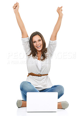 Buy stock photo Laptop, celebration and portrait of a happy woman in a studio after winning an online game. Happiness, celebrate and excited female model or winner with a computer isolated by a white background.